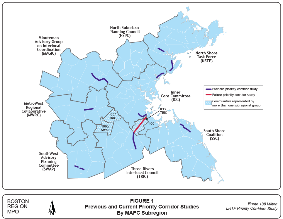 Figure 1. Previous and Current LRTP Priority Corridor Studies by MAPC Subregion 
Figure 1 is a computer-drawn map that shows the subregions of the Boston Region Metropolitan Planning Organization area and the locations of previous and current priority corridor studies.

